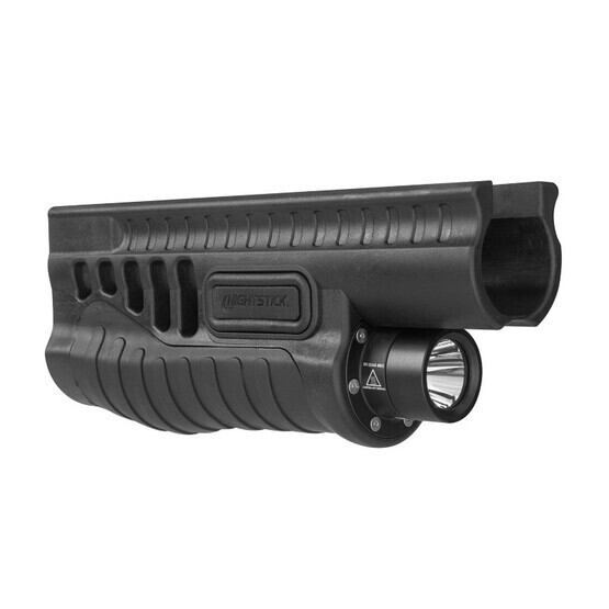 Nightstick LED light and green aiming laser forend for Mossberg 500, 590, 590A1, and Shockwave series shotguns. Black polymer construction.